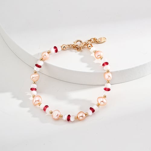 S925 Silver Fashionable Natural Pearl, Mother of Pearl, and Ruby Bracelet