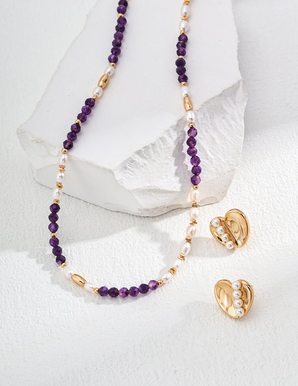 925 Sterling Silver Vintage Natural Pearl And Amethyst Necklace - Antique Gold (D0564-2)