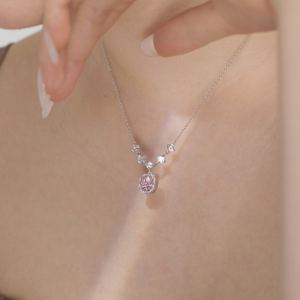 &Quot;Realm Series&Quot; 925 Silver Necklace With 5A Pink Round Zirconia - Elegant Solitaire Pendant