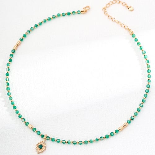 925 Silver Green Agate and Chalcedony Necklace - Adjustable Chain in Vintage Gold Finish