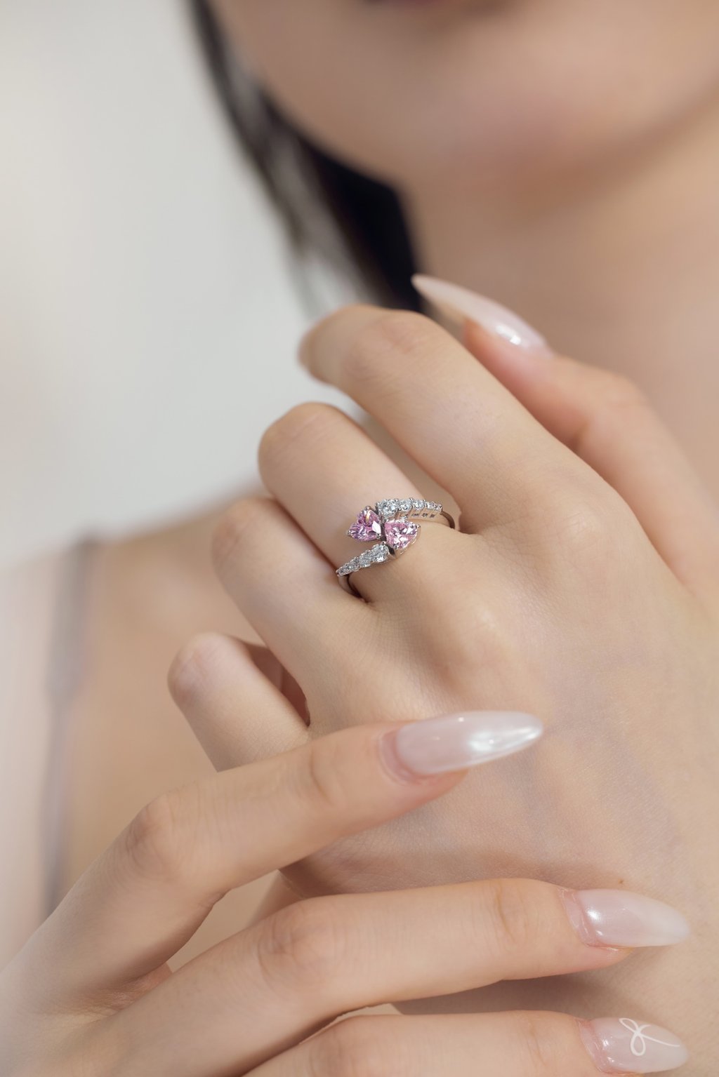 &Quot;Realm Series&Quot; 925 Silver Heart-Shaped Ring With 5A White Zirconia - Pink Enamel Accent Fashion Ring