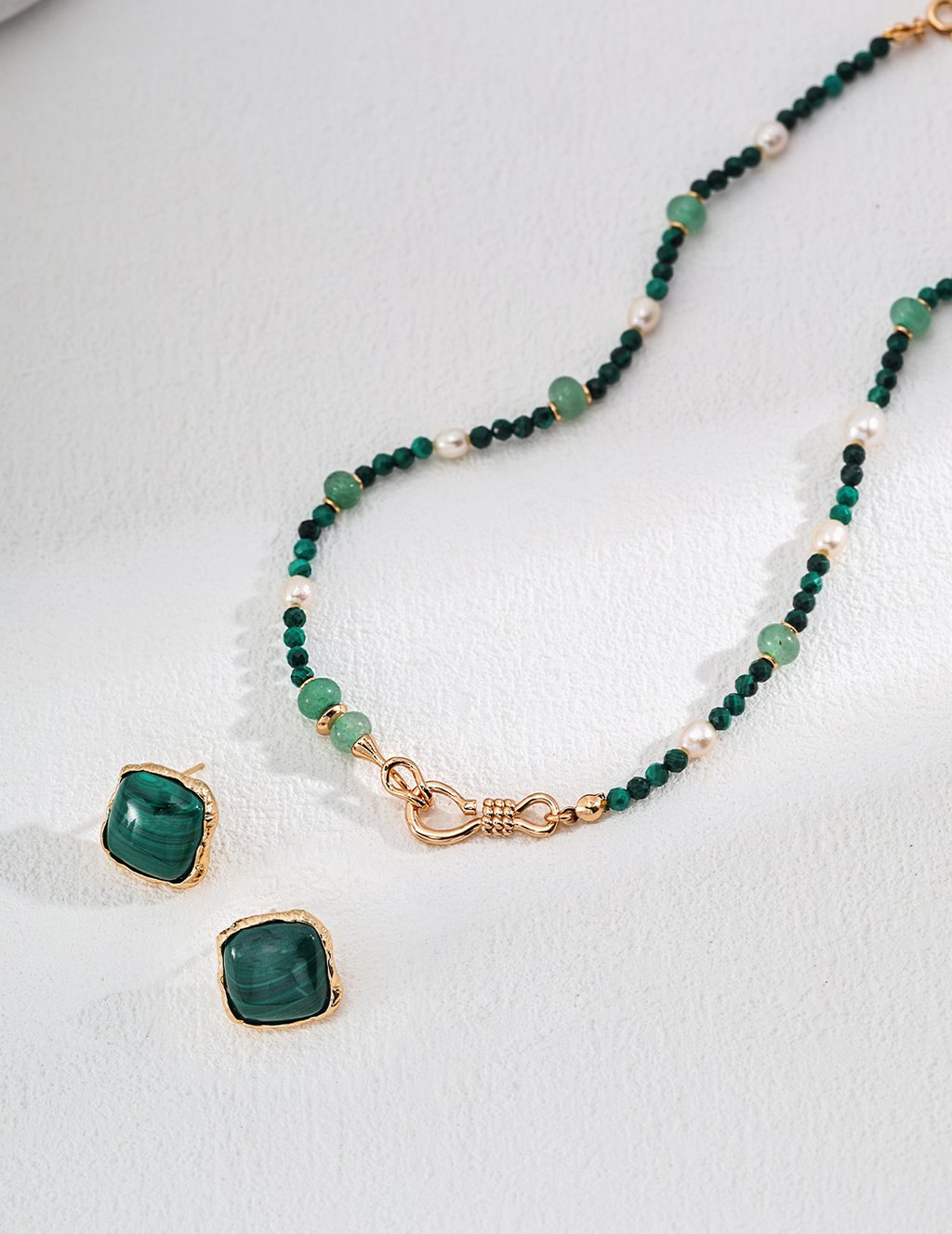 925 Sterling Silver Green Jade, Natural Malachite, And Pearl Versatile Necklace/Bracelet - Vintage Gold (D0550-2)