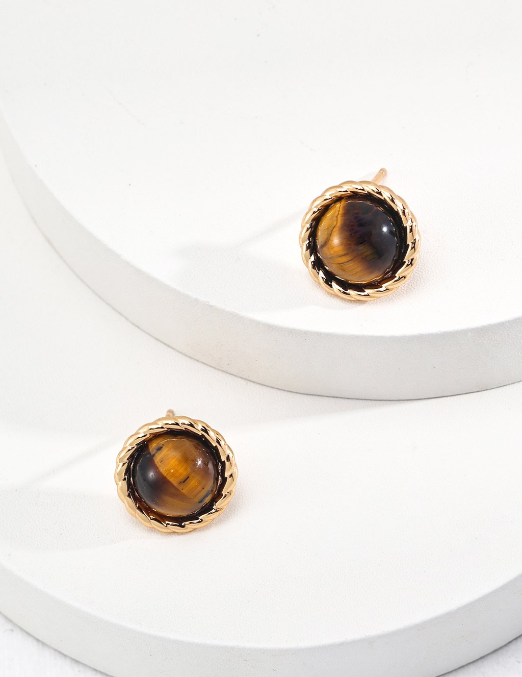 Vintage Gold 925 Silver Tiger'S Eye Stud Earrings - Rope Design