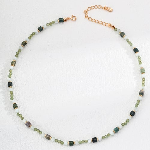 Vintage Gold 925 Silver Multi-Gemstone Necklace - Green Agate, Malachite, and Shell