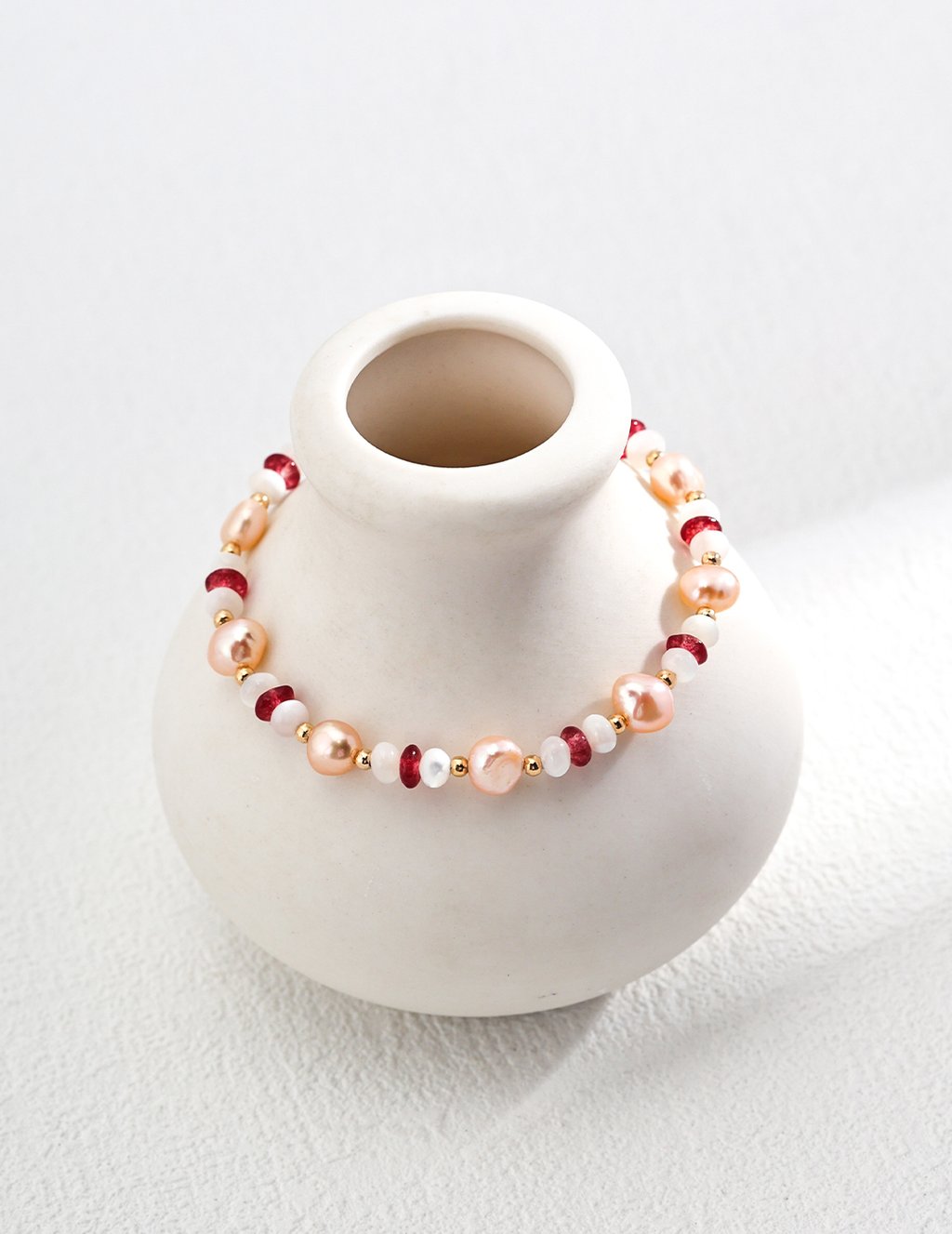 S925 Silver Fashionable Natural Pearl, Mother Of Pearl, And Ruby Bracelet