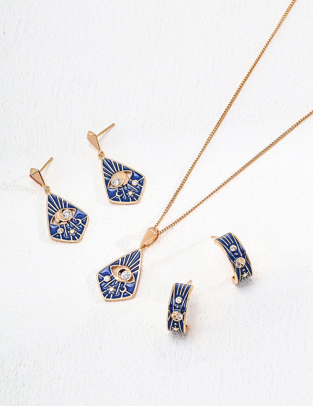 Vintage Gold Plated S925 Sterling Silver Blue Enamel Zircon Earrings With Adjustable Necklace - Elegant Retro Design