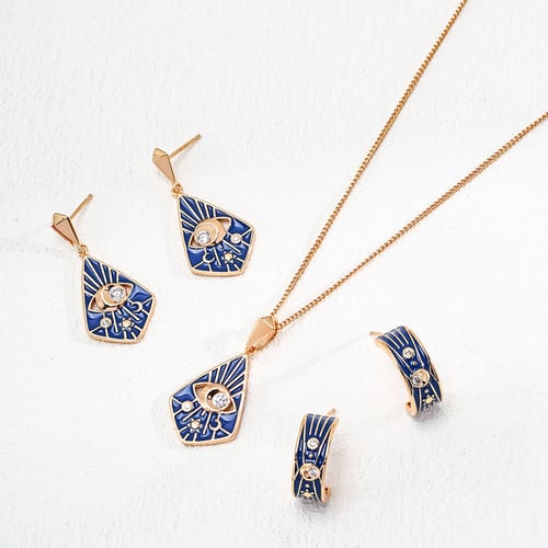 Vintage Gold Plated S925 Sterling Silver Blue Enamel Zircon Earrings with Adjustable Necklace - Elegant Retro Design