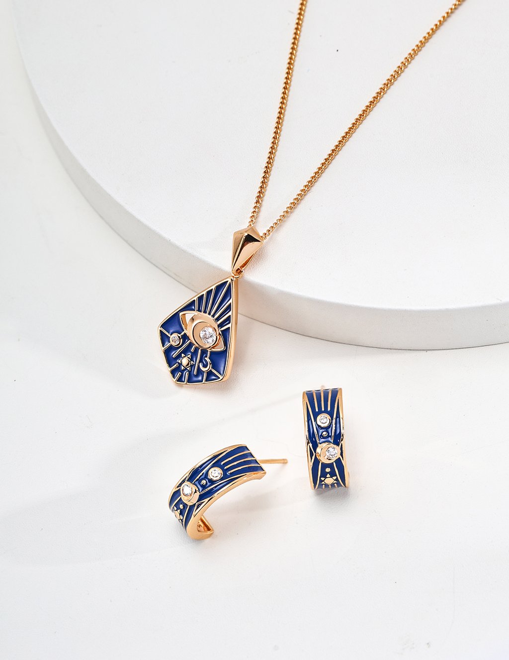 Vintage Gold Plated S925 Sterling Silver Blue Enamel Zircon Earrings With Adjustable Necklace - Elegant Retro Design