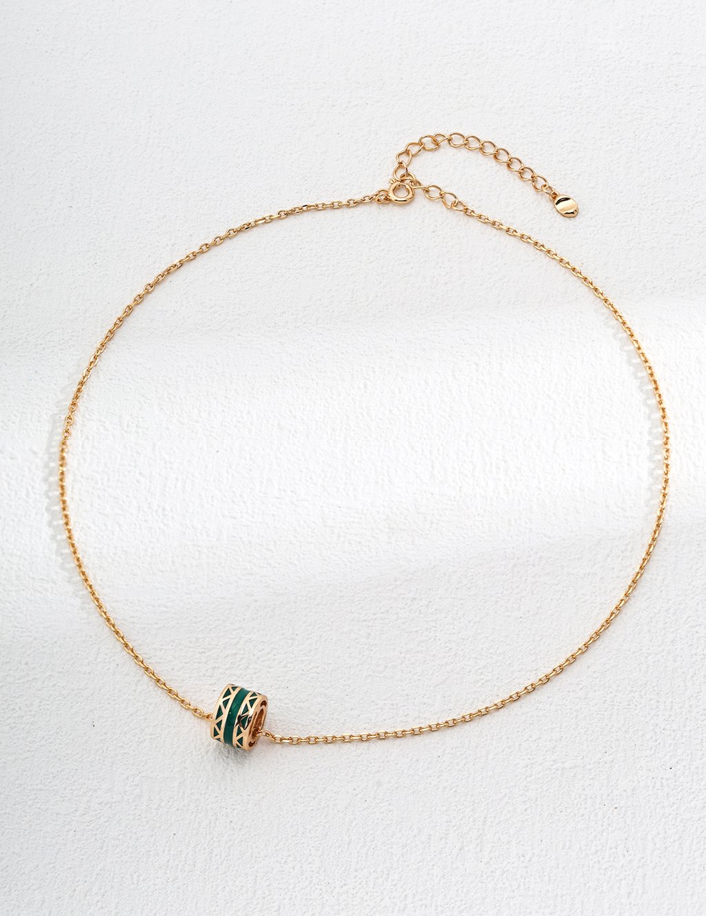 Vintage Gold 925 Silver Necklace With Green Enamel Charm - Adjustable Chain