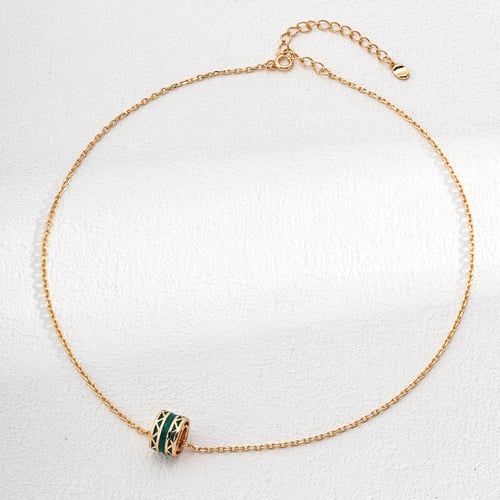 Vintage Gold 925 Silver Necklace with Green Enamel Charm - Adjustable Chain