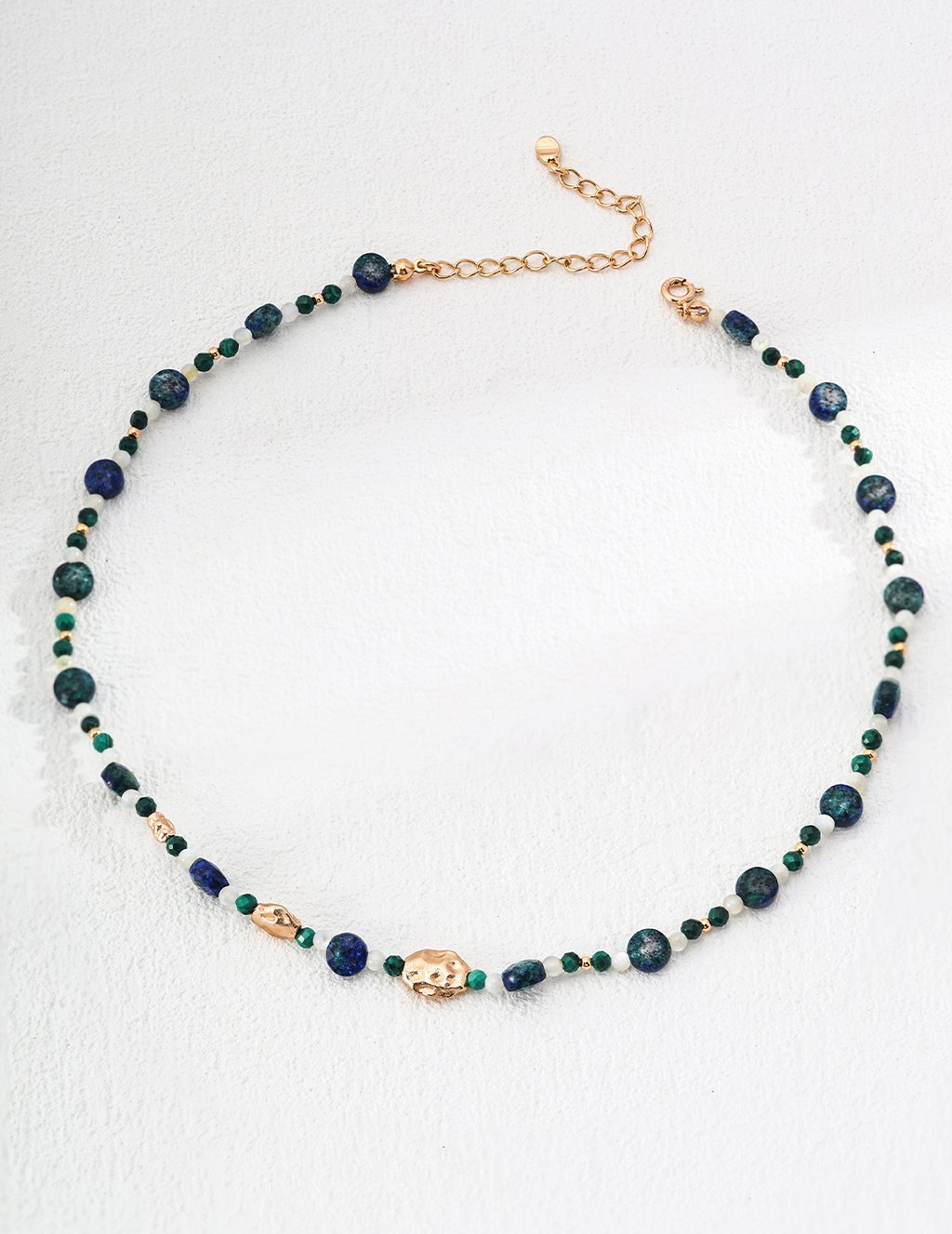 Vintage Gold Silver Necklace, Adjustable 925 Sterling Silver With Natural Lapis Lazuli, Malachite &Amp; Mother Of Pearl