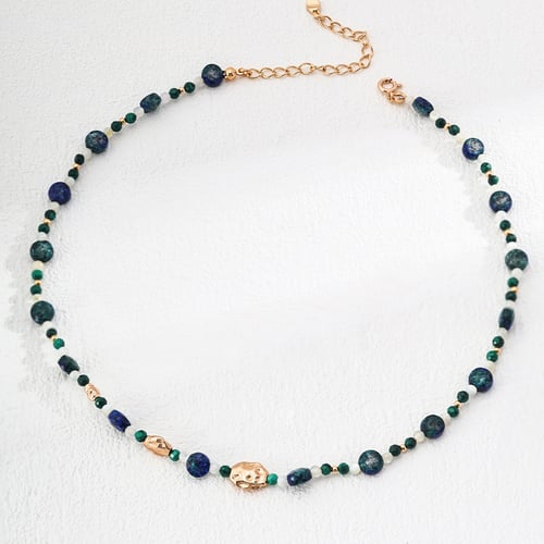 Vintage Gold Silver Necklace, Adjustable 925 Sterling Silver with Natural Lapis Lazuli, Malachite & Mother of Pearl