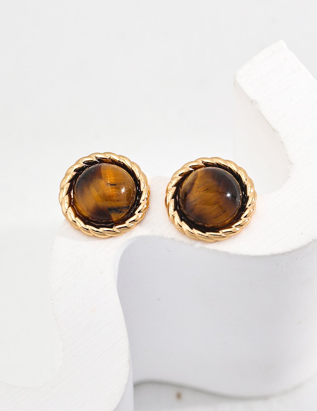 Vintage Gold 925 Silver Tiger'S Eye Stud Earrings - Rope Design