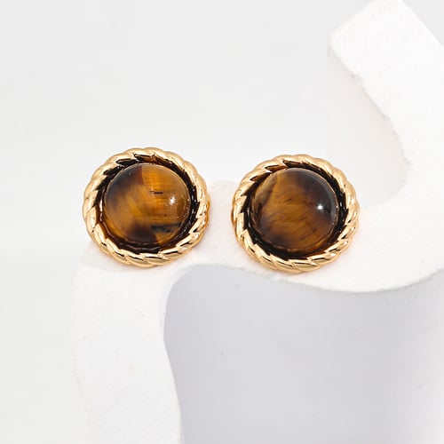 Vintage Gold 925 Silver Tiger's Eye Stud Earrings - Rope Design