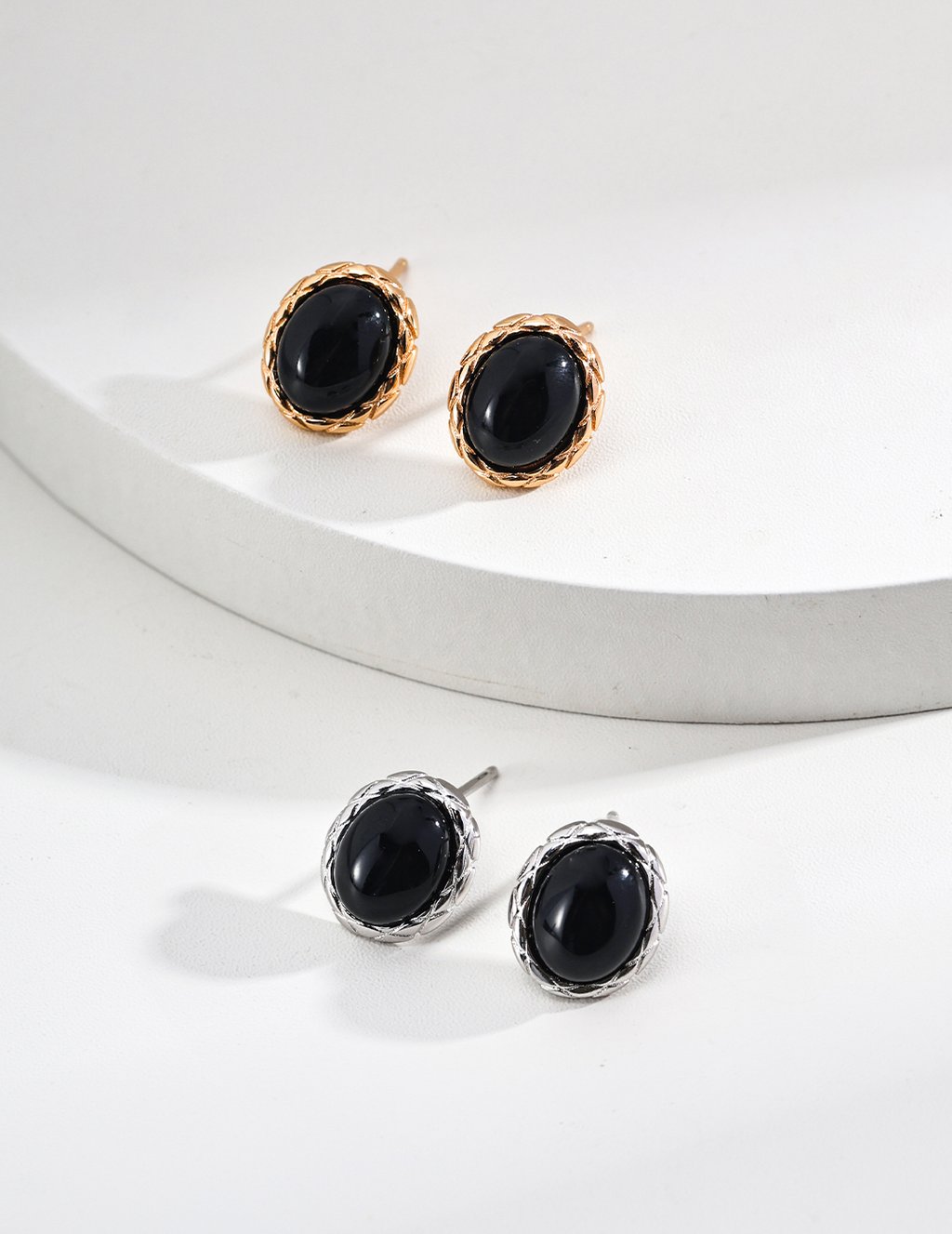 925 Sterling Silver Minimalist Black Onyx Earrings - Vintage Gold/White Gold (E01219)