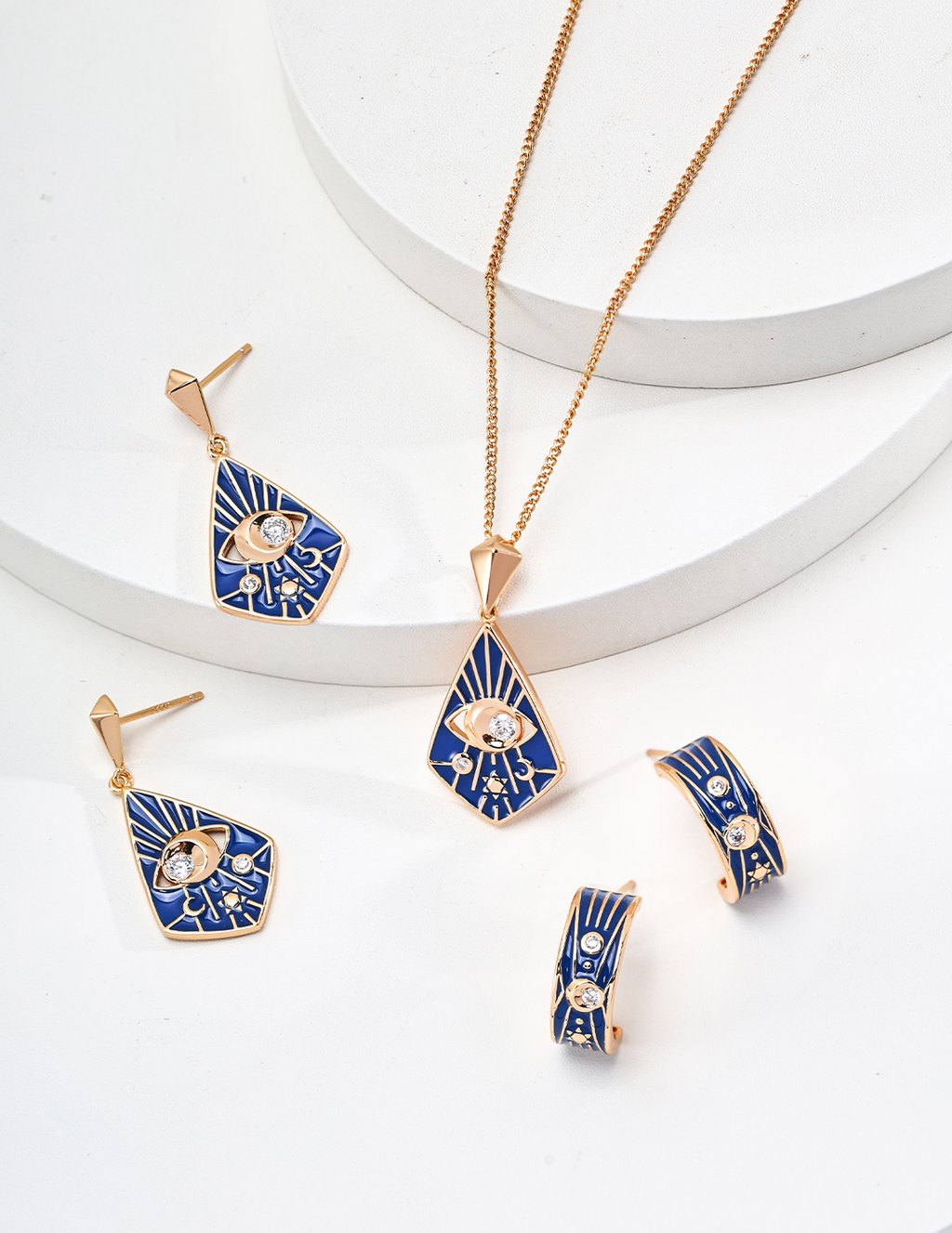 Vintage Gold Plated S925 Sterling Silver Blue Enamel Zircon Earrings With Adjustable Necklace - Elegant Retro Design