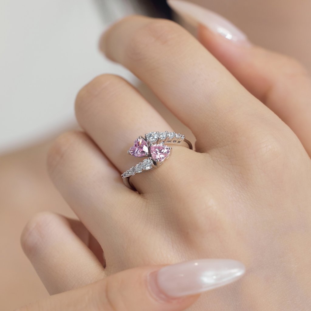 &Quot;Realm Series&Quot; 925 Silver Heart-Shaped Ring With 5A White Zirconia - Pink Enamel Accent Fashion Ring