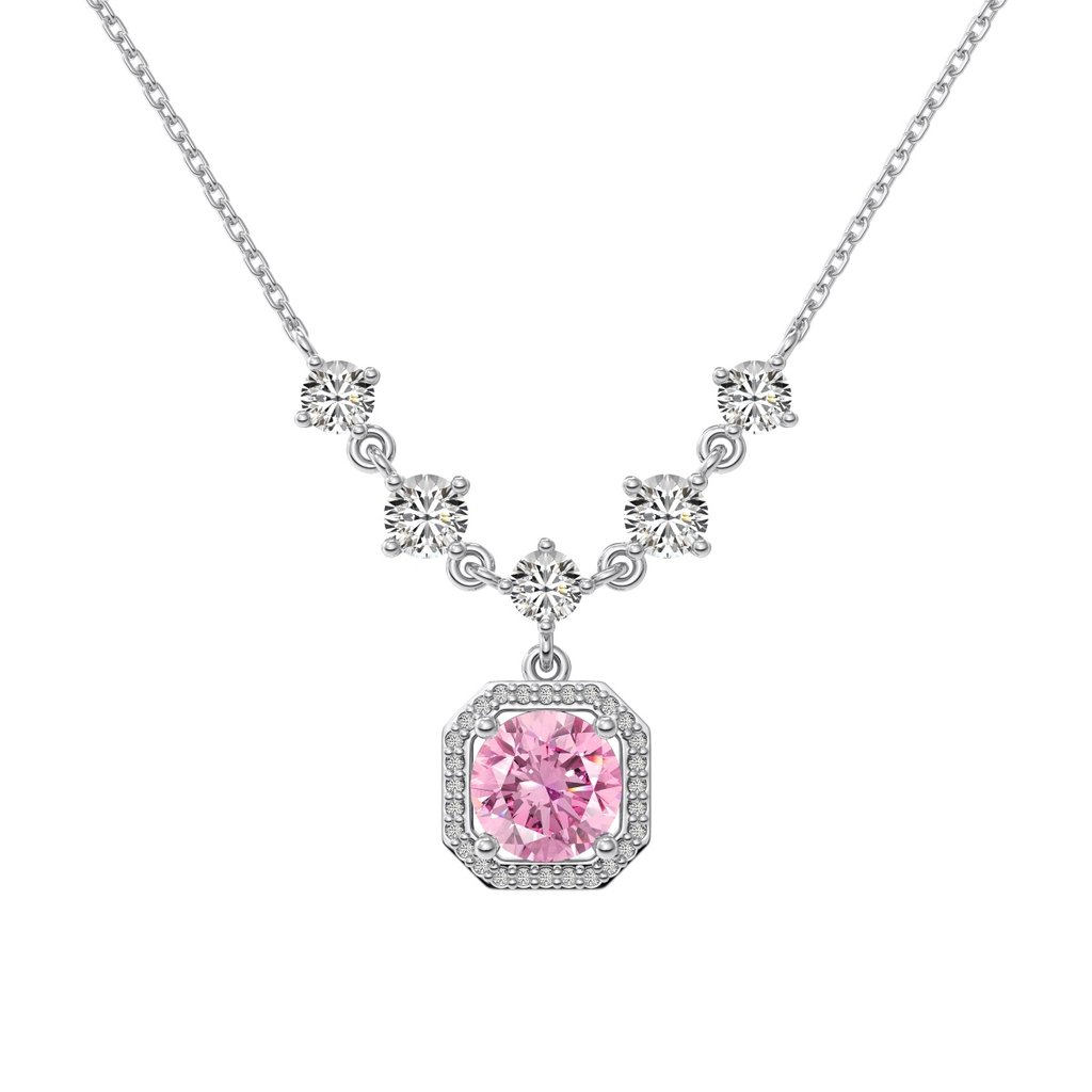 &Quot;Realm Series&Quot; 925 Silver Necklace With 5A Pink Round Zirconia - Elegant Solitaire Pendant