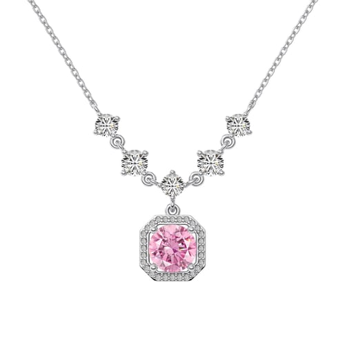 "Realm Series" 925 Silver Necklace with 5A Pink Round Zirconia - Elegant Solitaire Pendant