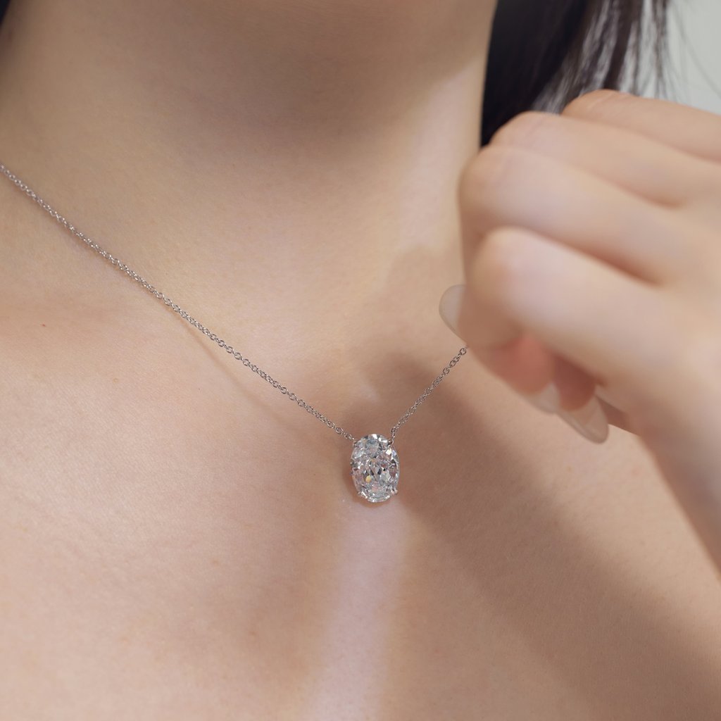 &Quot;Realm Series&Quot; 925 Silver Necklace With 8A Oval Ice Flower Cut Zirconia - 18K Gold Plated Solitaire Pendant