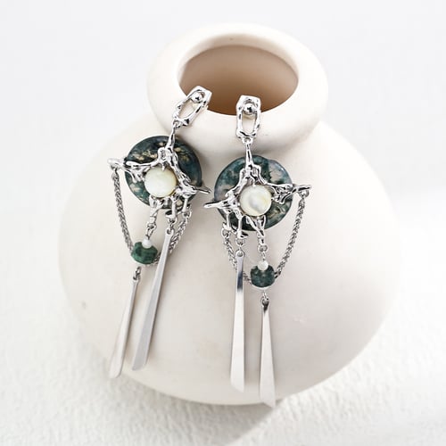 925 Sterling Silver Neo-Chinese Style Grass Agate and Mother-of-Pearl Peace Buckle Earrings - White Gold (E01209-1)