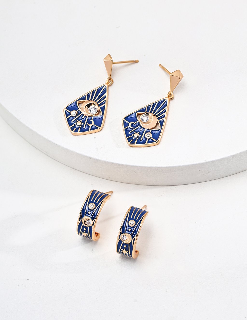 Vintage Gold Plated S925 Sterling Silver Blue Enamel Zircon Earrings With Adjustable Necklace - Elegant Retro Design