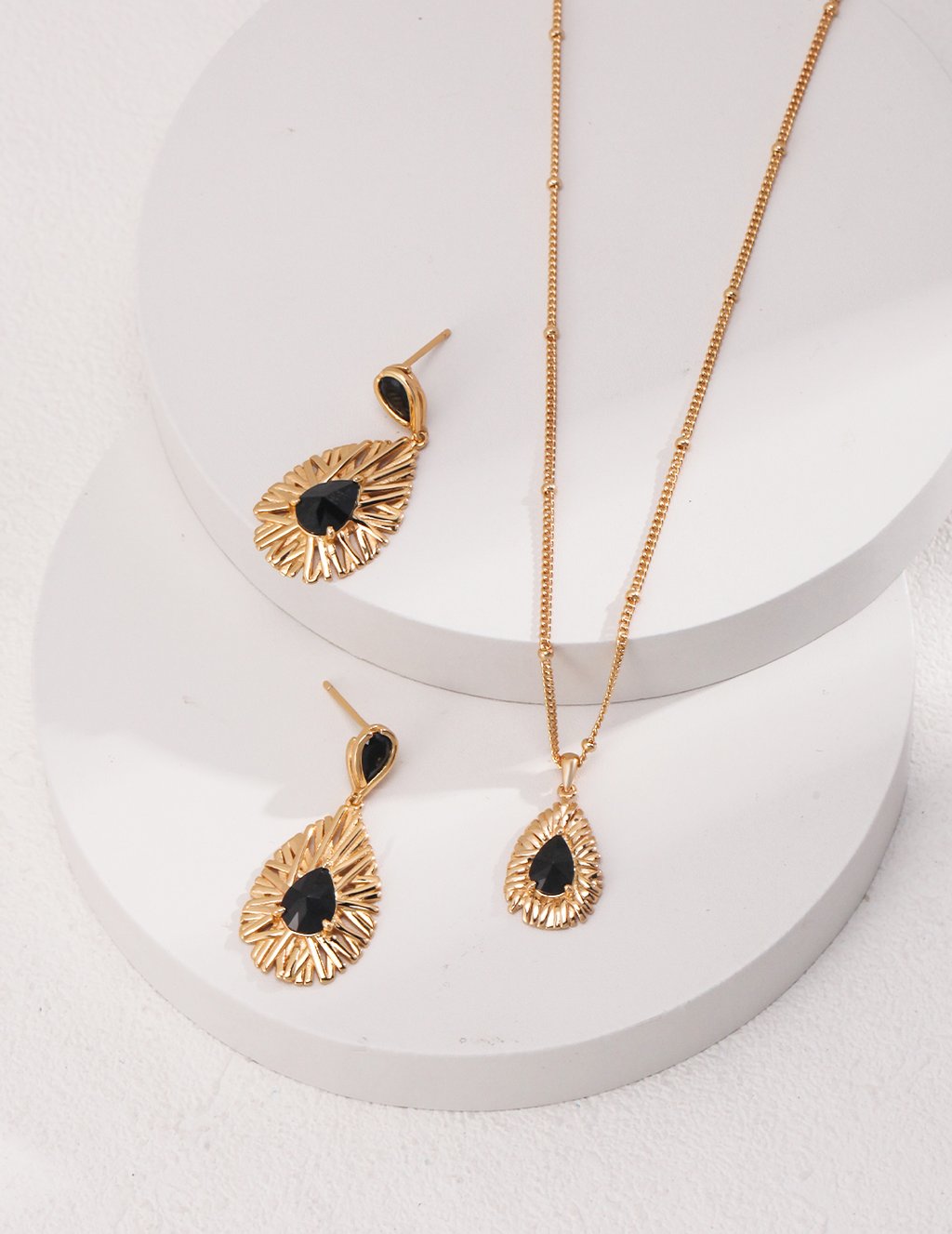 Vintage Gold 925 Sterling Silver Black Zirconia Jewelry Set - Necklace, Earrings, And Enamel Ring