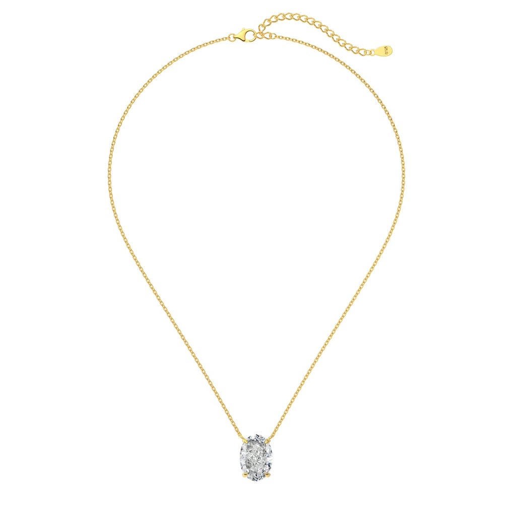 &Quot;Realm Series&Quot; 925 Silver Necklace With 8A Oval Ice Flower Cut Zirconia - 18K Gold Plated Solitaire Pendant