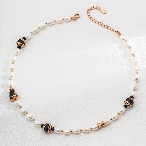 925 Silver Natural Pearl and Black Onyx Necklace - Adjustable Chain in Vintage Gold or Platinum Finish