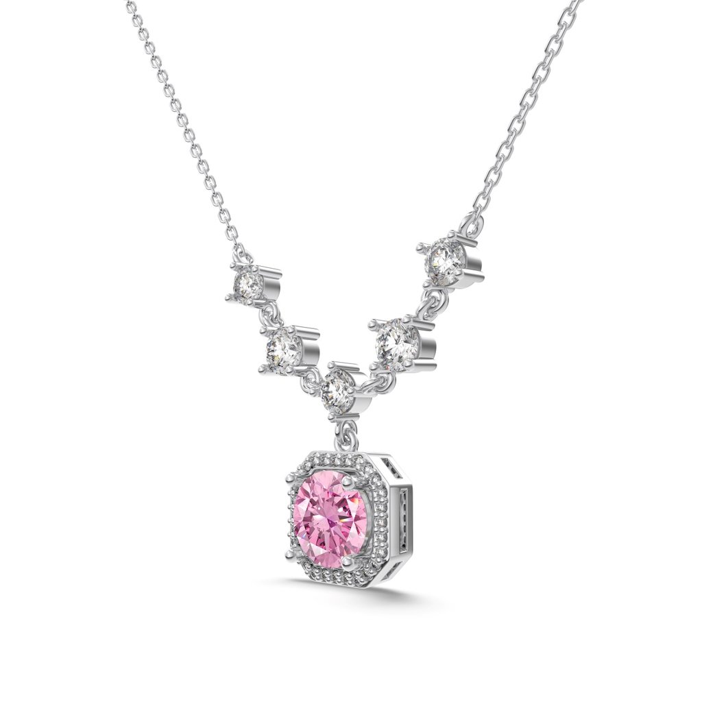 &Quot;Realm Series&Quot; 925 Silver Necklace With 5A Pink Round Zirconia - Elegant Solitaire Pendant