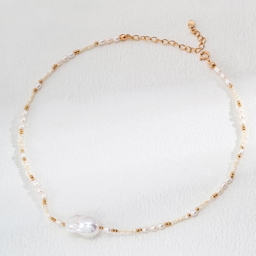 925 Sterling Silver Minimalist Natural Pearl and Shell Necklace - Vintage Gold (D0568-2)