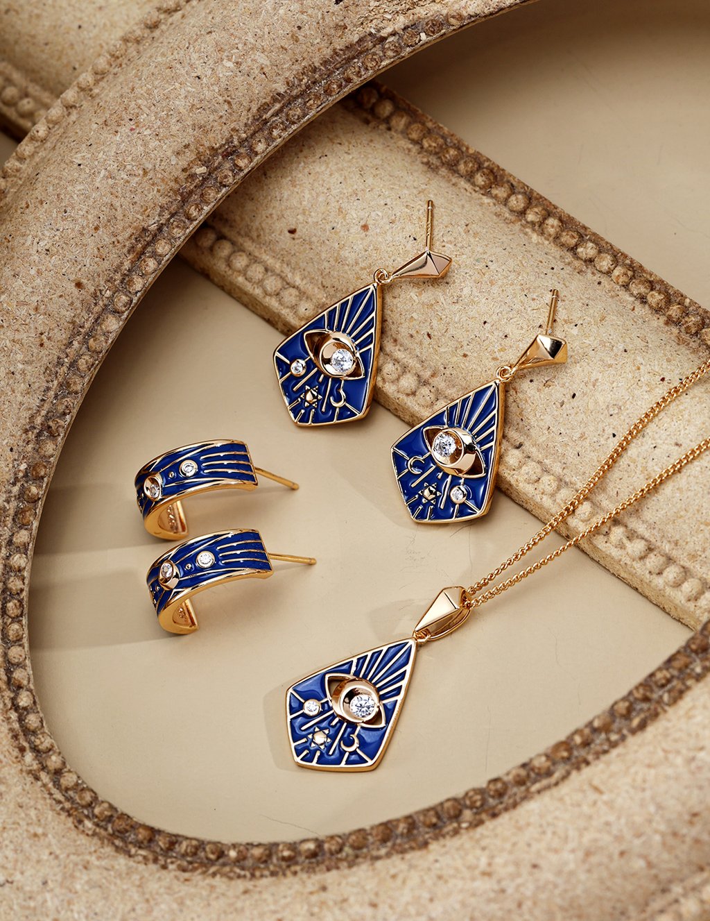 Vintage Gold Plated S925 Sterling Silver Blue Enamel Zircon Earrings With Adjustable Necklace - Elegant Retro Design