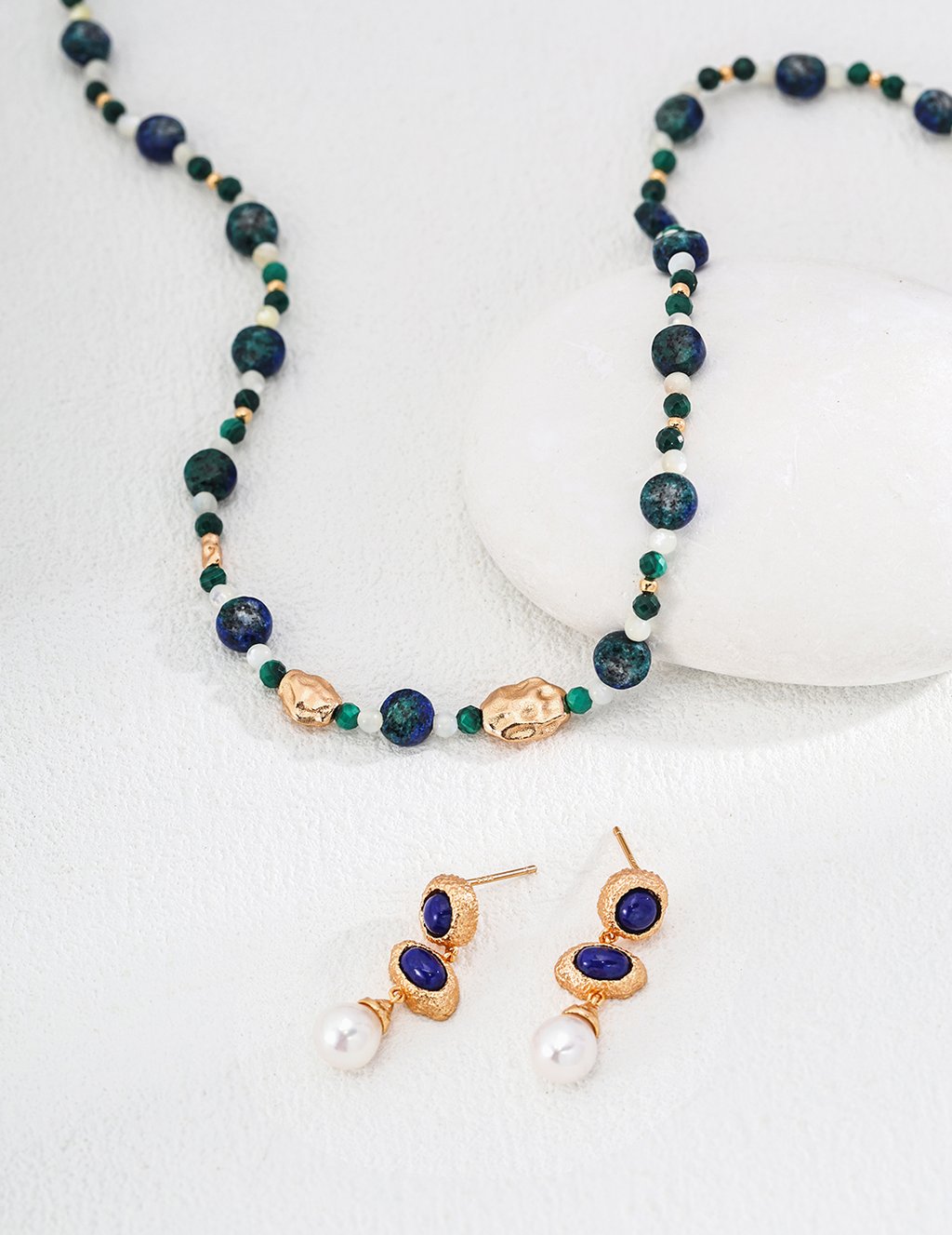 Vintage Gold Silver Necklace, Adjustable 925 Sterling Silver With Natural Lapis Lazuli, Malachite &Amp; Mother Of Pearl