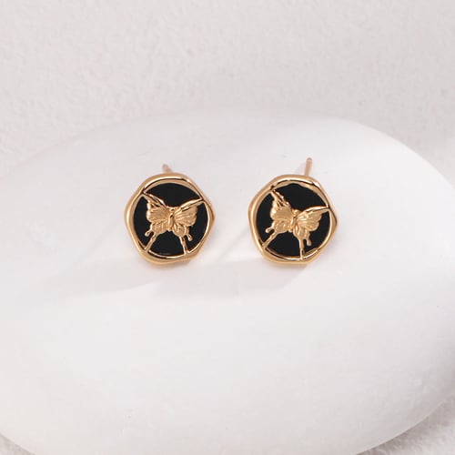 925 Silver Black Onyx Stud Earrings - Vintage Gold Finish Elegance