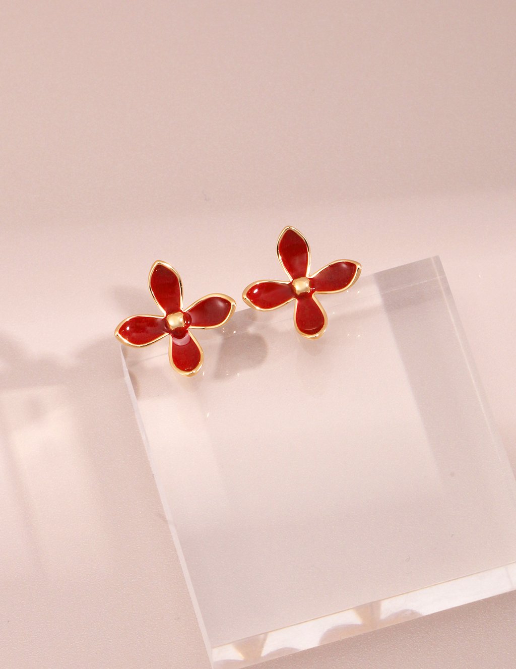 Red Enamel Sterling Silver Flower Earring Studs