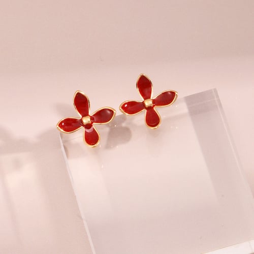 Red Enamel Sterling Silver Flower Earring Studs