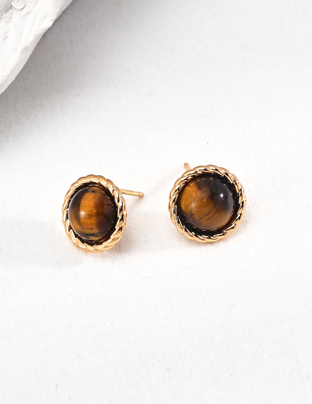 Vintage Gold 925 Silver Tiger'S Eye Stud Earrings - Rope Design