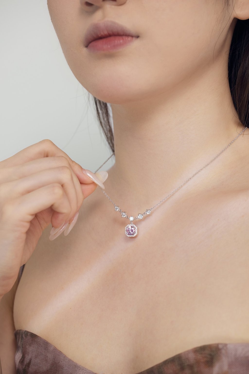 &Quot;Realm Series&Quot; 925 Silver Necklace With 5A Pink Round Zirconia - Elegant Solitaire Pendant