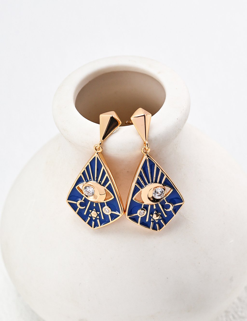 Vintage Gold Plated S925 Sterling Silver Blue Enamel Zircon Earrings With Adjustable Necklace - Elegant Retro Design