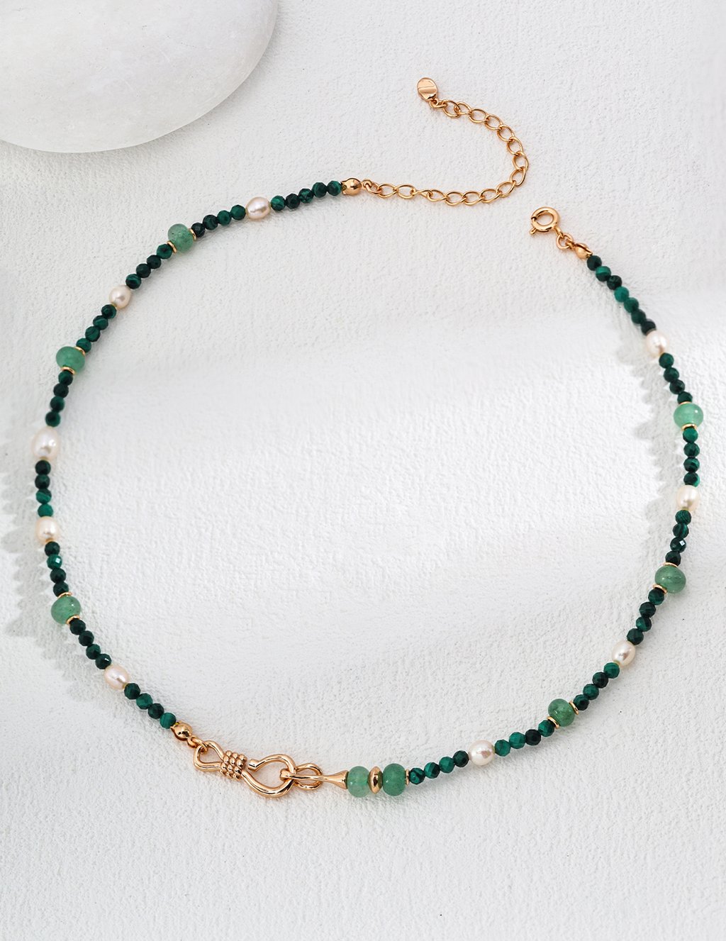 925 Sterling Silver Green Jade, Natural Malachite, And Pearl Versatile Necklace/Bracelet - Vintage Gold (D0550-2)