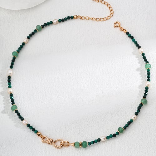 925 Sterling Silver Green Jade, Natural Malachite, and Pearl Versatile Necklace/Bracelet - Vintage Gold (D0550-2)